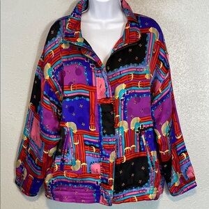 VNTG Mureli 100% Silk Vibrant Purple and Red Bomber Jacket with Artistic Flair